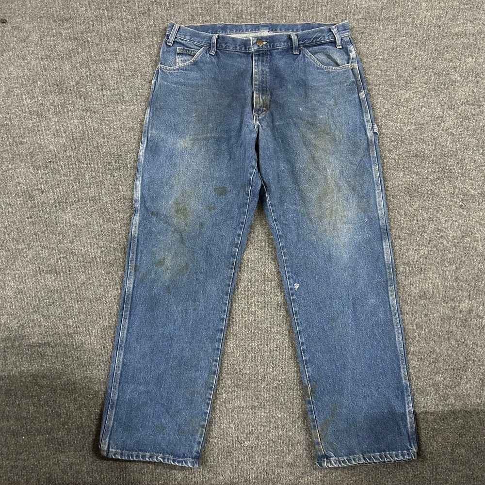 Dickies Carpenter Jeans Mens Size 38x32 Blue Relaxed Fit Cotton Workwear Stained